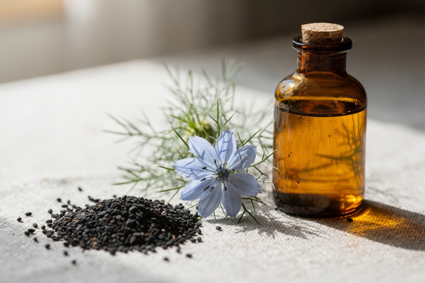 Graines de nigelle et flacon d'huile sombre en lumière naturelle